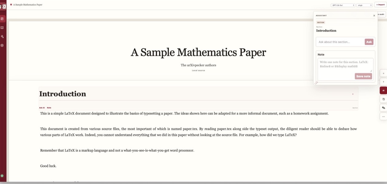 arXivpecker launch interface showing a sample mathematics paper